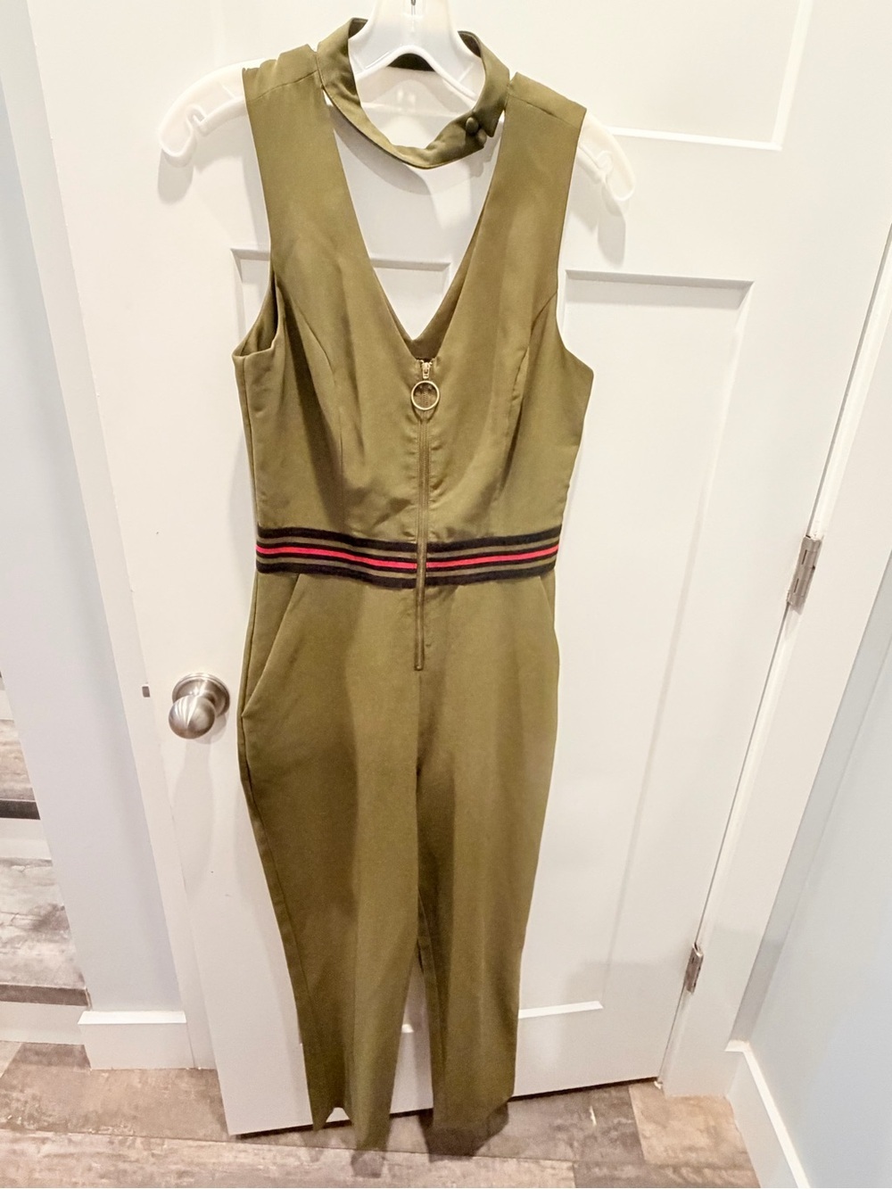 XOXO Olive Green Choker Neck Jumpsuit Medium Zip Front Sleeveless Utility Romper